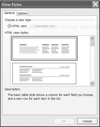 The View Styles dialog with a tabular layout selected