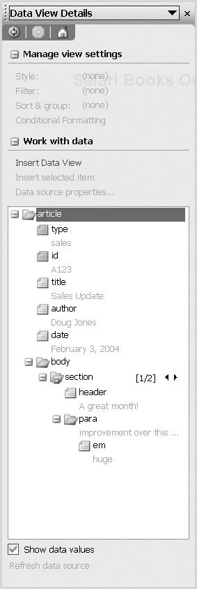The Data View Details task pane for the article