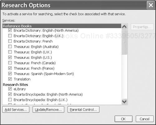 The Research Options dialog