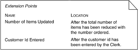 Two of the extension points defined in the Order Item use case. Each of them has a name and references a location in the flow of the use case.