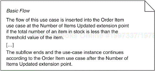The description of Restock Item includes a description of the extend relationship as a description of where and why the flow is added. The end of the flow description is also slightly affected by the extend relationship.