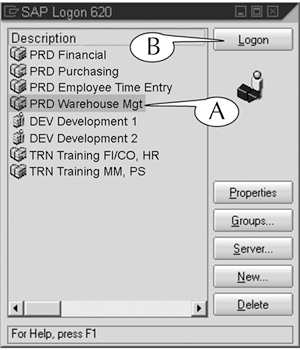 The SAP Logon pad. This sample pad displays the names of several production, development, and training servers. The live SAP system can be accessed through any one of the production (PRD) servers.