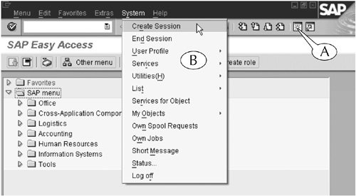 You can create a new application window with the Create session button or the System menu.