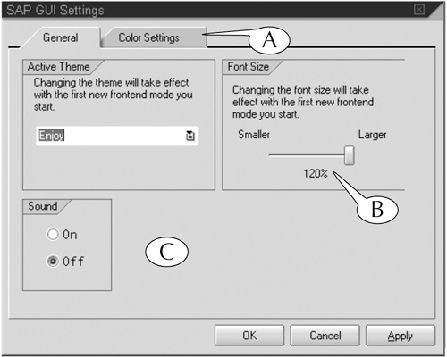 You can control font sizes and sound effects with the General subscreen of the SAP GUI Settings screen.
