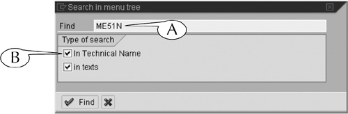 Search for transaction links by transaction codes with the Search in menu tree popup screen.