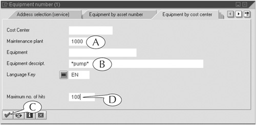 The multiple-tab search screen for the Equipment field. This screen is set to search for all pieces of equipment at maintenance plant 1000 with the word pump in their descriptions.