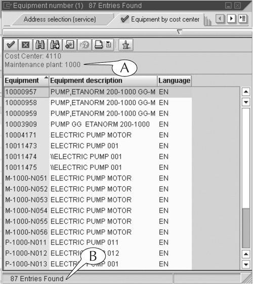 The hit list for a two-criteria search for an equipment code. The header shows that all the pumps are housed at maintenance plant 1000 (A).