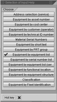 A menu of subscreens for the multiple-tab search screen for equipment codes.