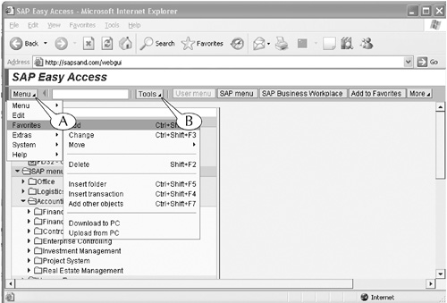 The SAP application window is condensed in design when it appears inside the frame of a Web browser window: Its menu bar and standard toolbar are collapsed onto its application toolbar. Click the Menu button to reveal the menu headers. The commands of the Favorites menu are shown in this image.