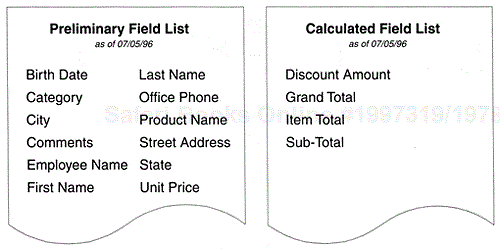 A partial preliminary field list and a calculated field list.