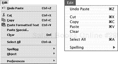 The Edit menu appears in all four modes, though not all functions are available in every mode.