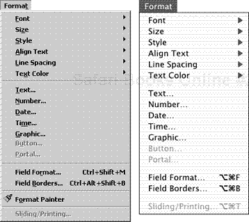 The Format menu appears in all modes except Preview, but offers the most functions in Layout mode.