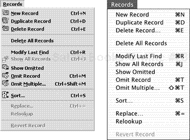 Available only in Find and Preview modes, the Records menu lets you create, duplicate, and delete records.