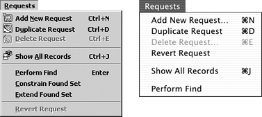 Available only in the Find mode, the Requests menu replaces FileMaker 4 functions found under the now-defunct Select menu.