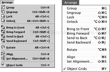 Use the Arrange menu, which appears only in Layout mode, to control the layering and grouping of objects as you design a layout.