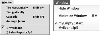 Use the Window menu to arrange multiple FileMaker databases on your desktop.