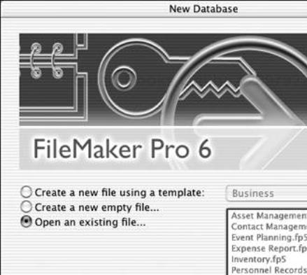 When FileMaker’s opening dialog box appears, choose Open an existing file... and click OK.