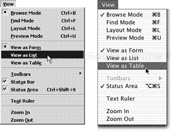 To see more than one record at once, choose View > View as List (left) or View > View as Table (right).