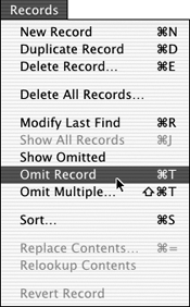 To hide a record from view, select it, then choose Records > Omit Record. Omitting records does not delete them but simply tucks them out of sight.