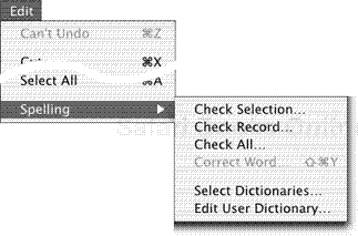 Found under the Edit menu, the Spelling submenu offers you three spelling selection choices.