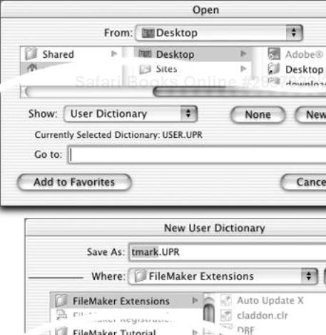 In the Open dialog box, click New (top). Use the New User Dictionary dialog box (bottom) to navigate to the FileMaker Extensions folder, name the new dictionary, and click Save.