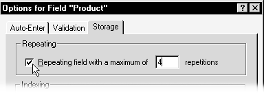 Within the Options for Field dialog box, click the Storage tab, check Repeating field..., and type in how many times you want the field repeated.