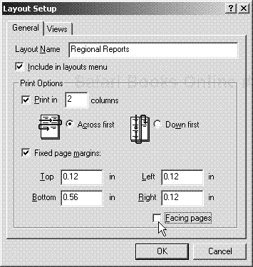 The General tab of the Layout Setup dialog box lets you set how the layout prints (across or down the page), its page margins, and whether it accommodates facing pages.