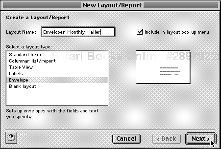 When the New Layout/Report dialog box appears, name the layout and choose Envelope in the left-side list.