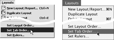 To change the entry order for your fields, choose Layouts > Set Tab Order from the menu.