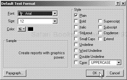 Use the Text Format dialog box to set the font, text size, color, and style. Click the Paragraph button to set text alignment, indents, and line spacing.