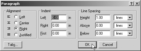 The Paragraph dialog box, reached via the Text Format dialog box, lets you set text alignment, indents, and line spacing.