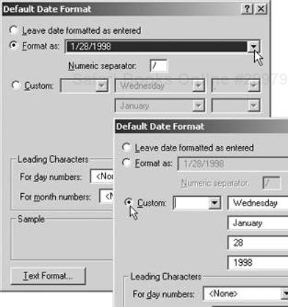 Use the Date Format dialog box to choose six standard options (top) or click Custom for even more choices (bottom).