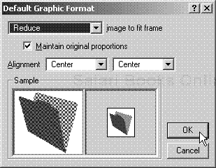 Use the Graphic Format dialog box to control cropping and fitting. The sample window previews the options.