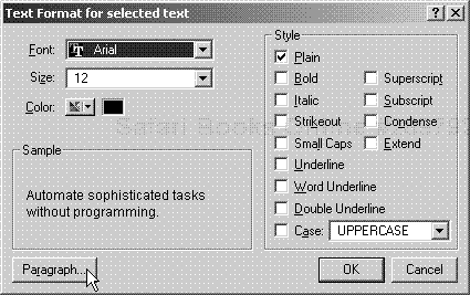 The Text Format dialog box lets you set multiple text attributes, including paragraph formatting via the lower-left button.