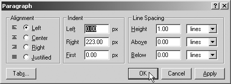 The Paragraph dialog box lets you set text alignment, indentation, and line spacing.