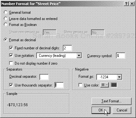 The Number Format dialog box’s settings are applied to number fields you’ve selected or used to set default number settings if no field is selected.