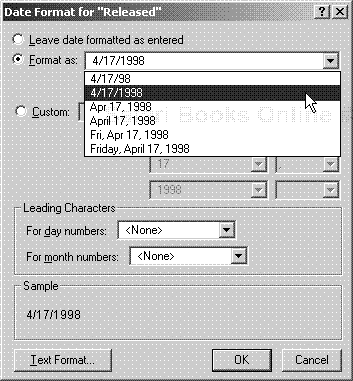 The Date Format dialog box’s settings are applied to selected date fields or used to set default date settings if no field is selected.
