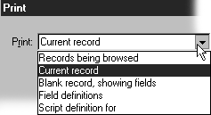 In Windows, the Print drop-down list lets you choose which FileMaker records you print.
