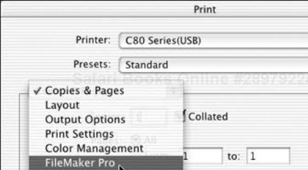 Use the Print dialog box’s pop-up menu to reach the FileMaker settings.
