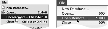 To open a database not on your own computer, choose File > Open Remote.