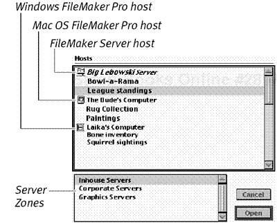 If you’re using AppleTalk with several server zones, pick a zone from the lower list and a file on that server in the upper list, and then click Open.