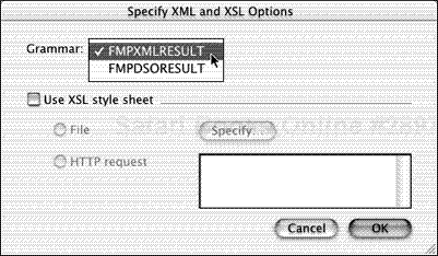 When the Specify XML and XSL Options dialog box appears, use the drop-down menu to choose the appropriate grammar.