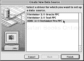 When the Create New Data Source dialog box appears, select the ODBC 3.11 FileMaker Pro PPC driver, and click Finish.