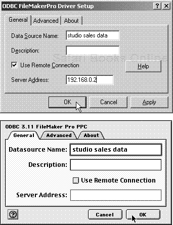 Make sure the General tab is activated when the driver setup dialog box appears. If the database is not on your local network, check Use Remote Connection and enter an IP number in Server Address.