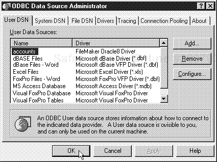 When the ODBC Data Source Administrator dialog box reappears, the newly named data source is listed under User Data Sources.