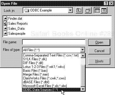 When the Open File dialog box appears, use the Files of type drop-down menu to select ODBC Data Sources.