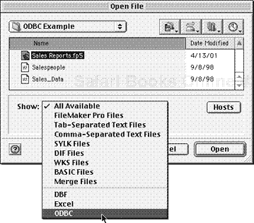 When the Open File dialog box appears, use the Show drop-down menu to select ODBC.