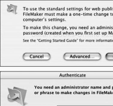 In step 2, in OS X on a Mac, an alert dialog box will appear when you first check Web Companion (top). Click Continue and enter an administrator name and password in the Authenticate dialog box (bottom).