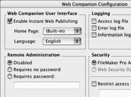 The Web Companion Configuration dialog box controls the user interface, logging activities, remote administration, and security.