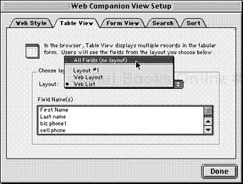 To set how the Web Companion displays multiple records, click the Table View tab and use the Layout pop-up menu to choose which layout Web visitors will see.